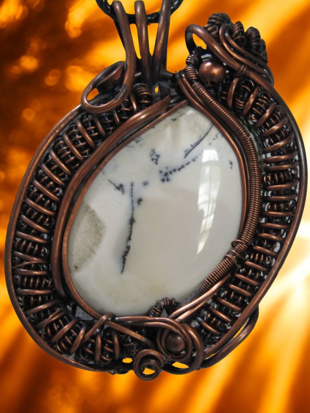 Handmade Dendrite Opal Asymmetrical Copper Wire Wrapped Pendant - Picture 5 of 7
